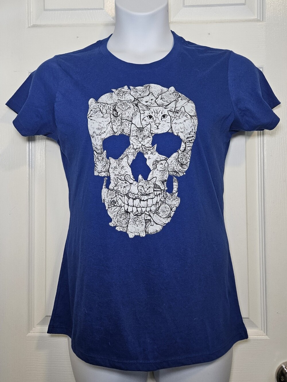 NWT Port & Company Blue Graphic Tee with Cat Skull Design